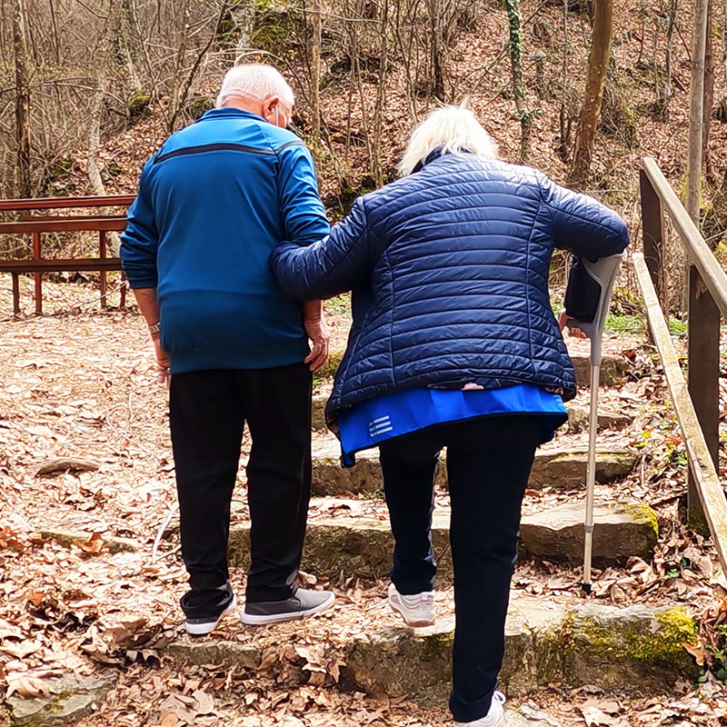 rear shot of a silver-haired couple tackling some steps in a national park, the female is using a crutch to help balance and the male is providing assistance. It's Winter and they're wear coats.