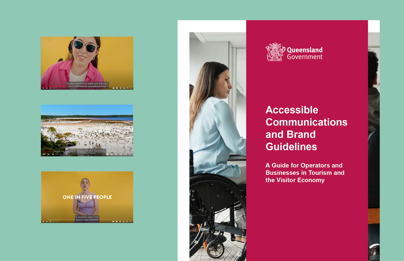 cover of a document reads - Accessible Communications and Brand Guidelines. Background shows a woman in a wheelchair at an office meeting