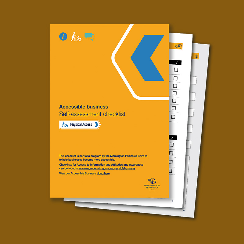 Cover design of a brochure - the self-assessment checklist for 'Physical Access'. The cover and background are yellow