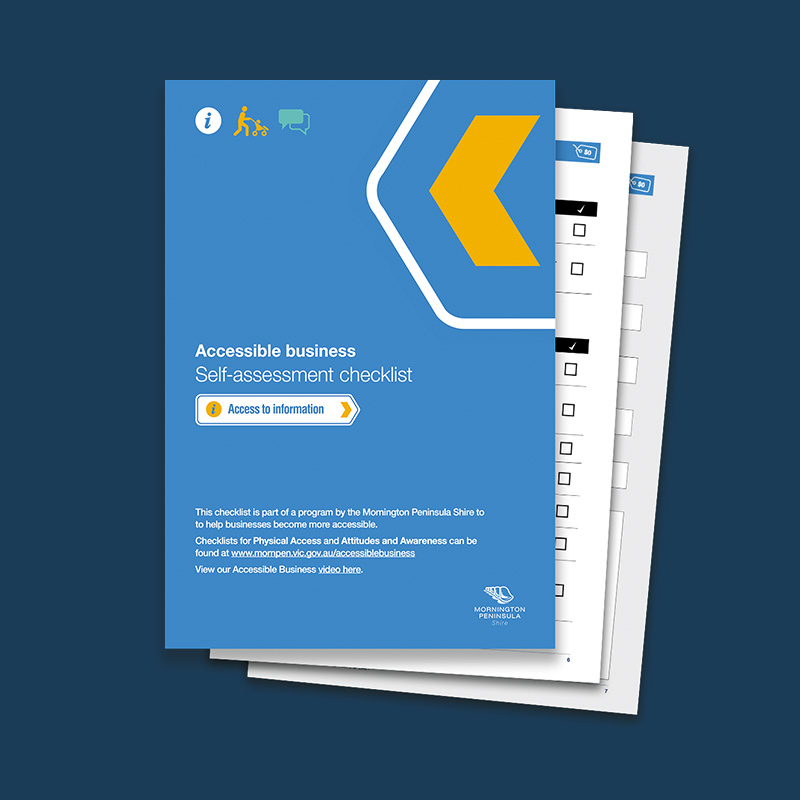 Cover design of a brochure - the self-assessment checklist for 'Access to Information'. The cover and background are blue