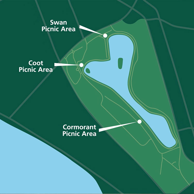 a graphic of a map, simple green colouring, white arrows are pointing to various picnic areas